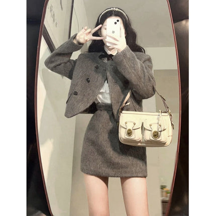 Thickened Spring and Winter Woolen suit Women's Fragrant Style Celebrity Elegant Slimming Short Coat High Waist Skirt Two-piece Set
