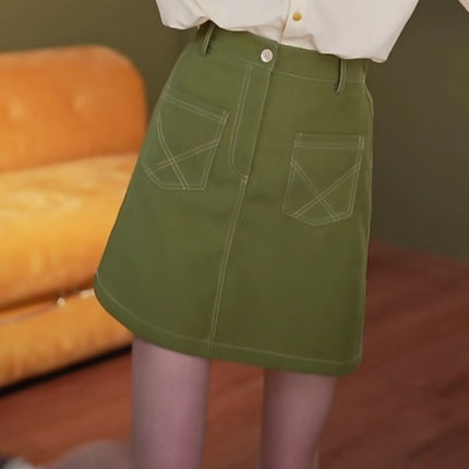 Hong Kong Style Retro Green Skirt Women's 2024 New High Waist A- line Short Skirt