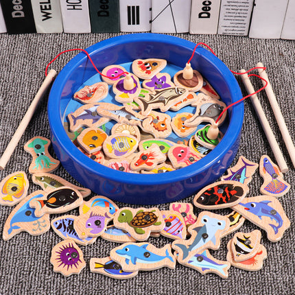 Magnetic Wooden Barrel Marine Fishing Toy Children's Early Education Educational Cognitive Fun Boys and Girls Parent-Child Games