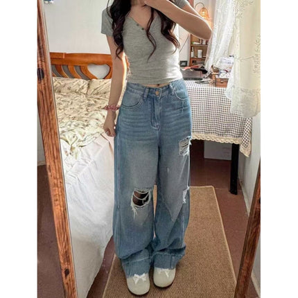 American Style Ripped Jeans for Women, Autumn New Plus-Size High-Waisted Pear-Shaped Figure Slimming Loose Wide-Leg Pants