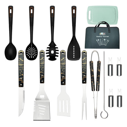 Outdoor camping stainless steel barbecue tools knife and fork suit nylon kitchenware spoon shovel cloth gift box wholesale
