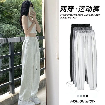 White and Gray Wide-Leg Petite Spring and Summer Straight Casual Pants High-Waisted Thin Sweatpants Sports Pants for Women