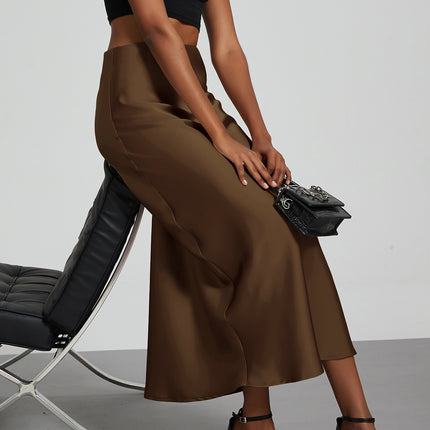 Cross-border women's clothing wholesale European and American style fashion temperament satin texture skirt Joker solid color glossy mid-length skirt