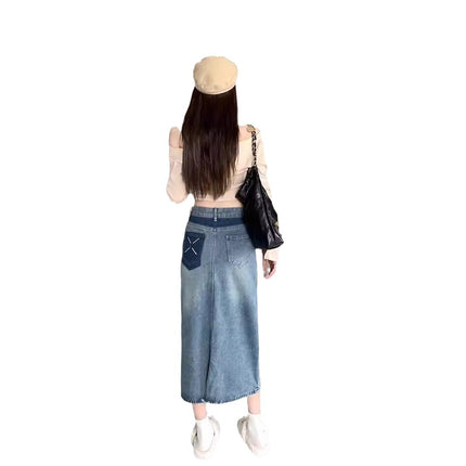 Denim Skirt Women's Autum Korean Style 2024 New Pear-shaped Figure High Waist Slim Mid-length Slit A-line Skirt
