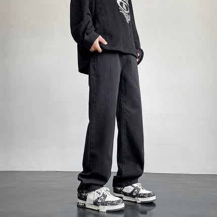 24 Winter New Men's Mop Jeans Solid Color All-match Retro Hong Kong Style Trendy Loose Straight Pants Overalls