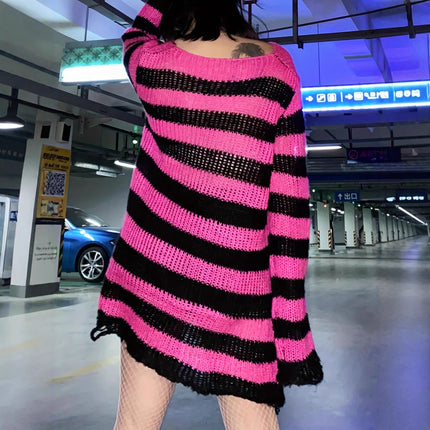 Niche dark classic mohair new thin striped ripped loose long European and American Foreign trade sweater