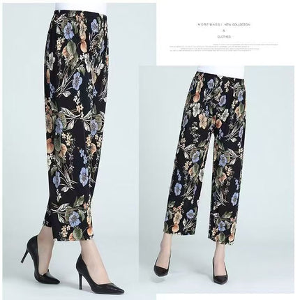 Foreign Trade Plus Size Middle-aged and Elderly Summer Thin Breathable Nine-point Flower Pants Mom Pants Ice Silk Loose Straight Pants