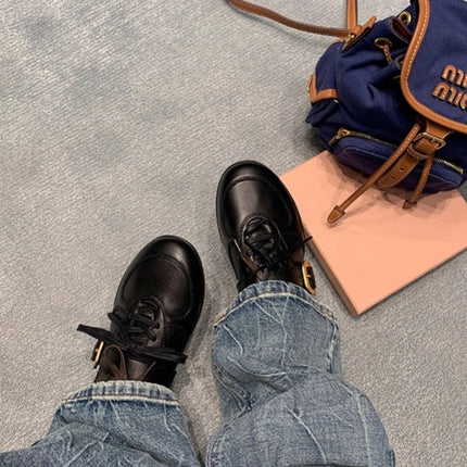 Genuine Leather Retro Metal Buckle German Training Shoes for Women 2026 New Versatile Soft-Soled Lace-Up Casual Sports Ballet Leather Shoes