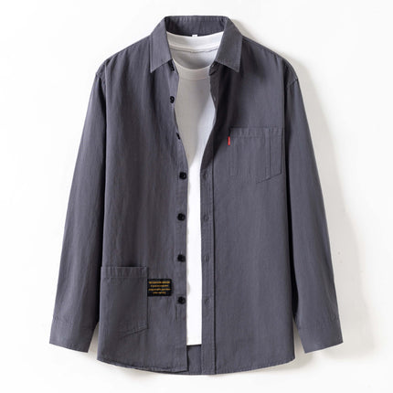 Spring and Autum New Pure Cotton Long-Sleeved Shirt Men's Hong Kong Style Casual Workwear Cotton Shirt Jacket Loose Men's Trendy Clothing