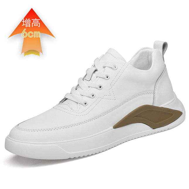2022 New Height-increasing Shoes Men's Two-layer Leather Casual Sports Board Shoes Autumn Invisible Height-increasing Men's Shoes White