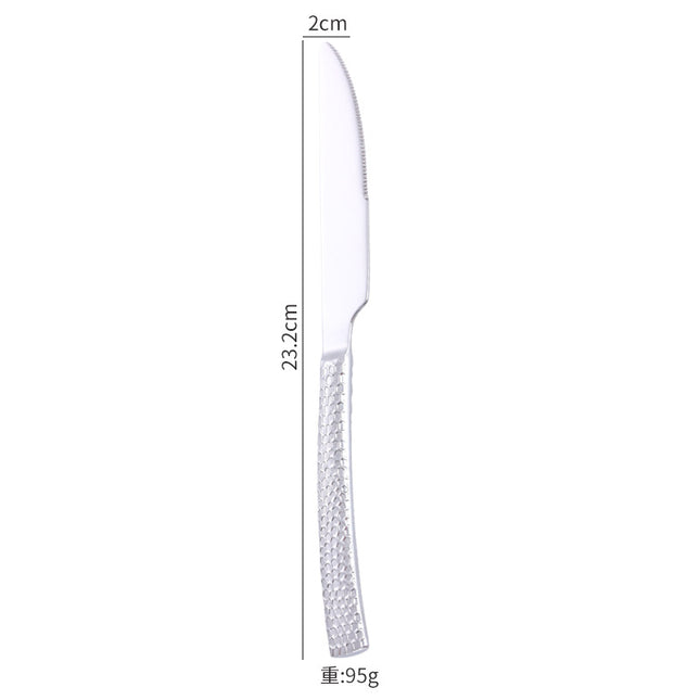 Cross-border 304 Stainless Steel Knife, Fork and Spoon Tableware Hotel Western Food Square Handle Thickened Water Cube Hammer Steak Knife, Fork and Spoon