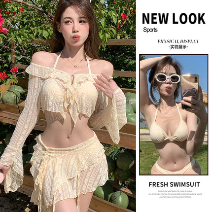 Bikini Swimsuit for Women 2024 New Split Four-Piece Set Lace Long-Sleeved Sexy Slimming Look Hot Spring Seaside Vacation