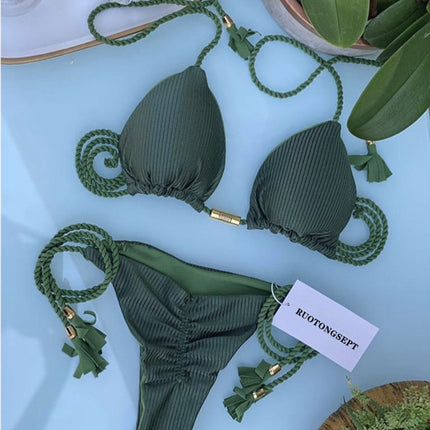European and American 2025 Spot New Fashion Split Pure Color Bikini Bikini Swimsuit Sexy Lace-Up Halter Swimsuit