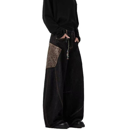 American Retro Silhouette Scimitar Jeans for Men and Women Street Design Couple Loose Straight Floor-Length Wide-Leg Pants