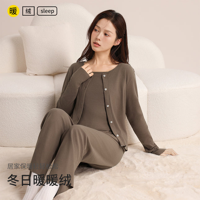 Autumn and Winter Women's Warm Pajamas, Heated Velvet Cardigan with Vest, Three-Piece Set, Simple and Comfortable Home Wear Set