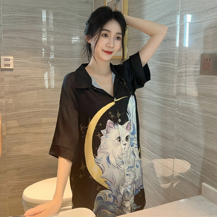 Summer New Style Fashionable Pure Lust Sexy Ice Silk Shirt Pajamas Loose High-End Home Wear Suit for Women