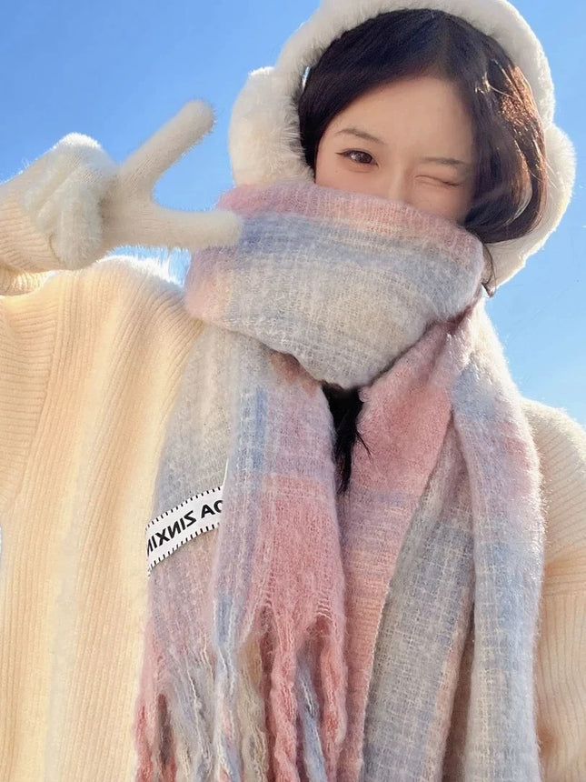 New Striped Scarf for Women, Autumn and Winter Thickened Warm Neck Scarf, Versatile Solid Color for Students, Manufacturer Cross-Border Fashion