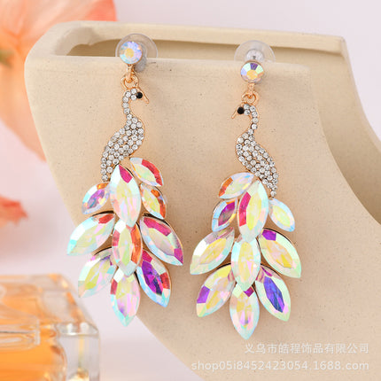 European and American Exquisite Fashion Crystal Ear Jewelry Retro Indian Exotic Ethnic Style Earrings with Diamond Green Peacock Earrings