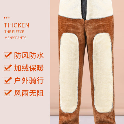 Winter Men's Leather Pants with Velvet and Thickeneding for Cycling and Takeaway Driving Windproof Elastic Motorcycle Loose Warm Leather Cotton Pants