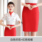 White printed shirt + red skirt / S