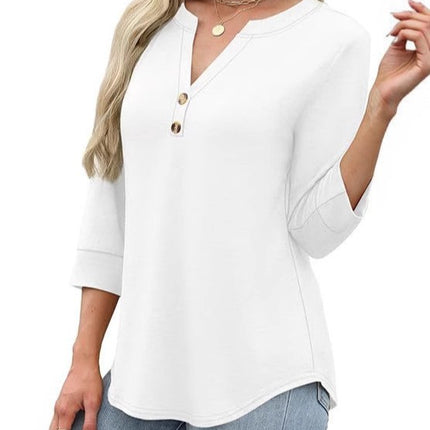 European and American Cross-Border Amazon Women's Plus Size Loose V-Neck Button Three-Quarter Sleeve T-Shirt Women's New Knitted Women's Clothing