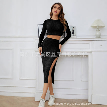 Factory Direct Sales 2025 Slim-Fit Fashionable Solid Color Ribbed Women's Round Neck Long-Sleeve Side-Slit Skirt Set