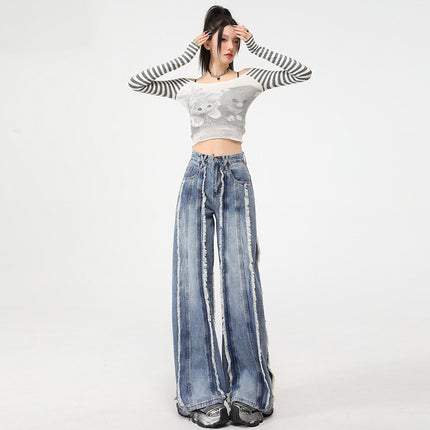 High Street Heavy Industry Stitching Design Stereo Wide Leg Jeans Women's 2025 Spring High Waist Slimming Pants
