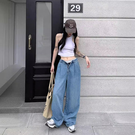 American Retro Distressed High-Waisted Straight Jeans for Women 2024 Spring and Autum New Fashion Versatile Loose Floor-Length