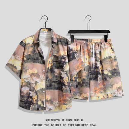 Men's Ins Summer Loose Short-Sleeved Shorts Suit Trendy and Handsome Beach Floral Couple Clothes Hawaiian Style Shirt