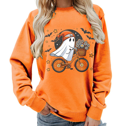Amazon Source Ghost Riding a Bicycle Halloween Print Round Neck Women's Sweatshirt Casual Loose Fit