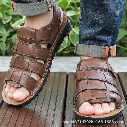 Cross-border E-commerce Shrimp Men's Leather Sandals plus size Simple Fashion All-match Fashionable Youth Men's Beach Shoes