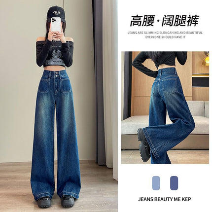 Two Buckle Wide Leg Jeans 2025 Maillard Stretch Loose Mop Pants Pocket Design All-match Women's Wear