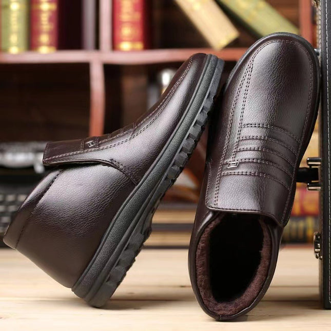 2022 Winter fleece-lined warm plush high-top leather shoes men's middle-aged and elderly dad shoes cotton-padded shoes non-slip slip slip-on men's shoes