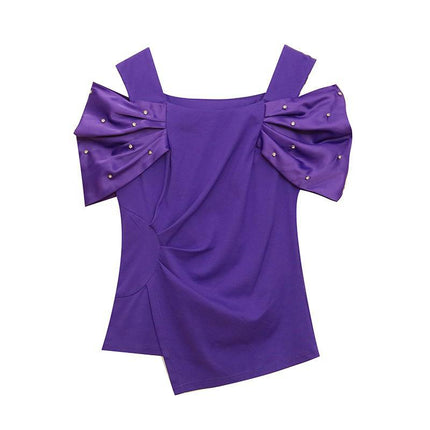 European goods 2024# European goods summer new nail drill pleated sleeve shoulder high quality women's fashion T-shirt small shirt generation