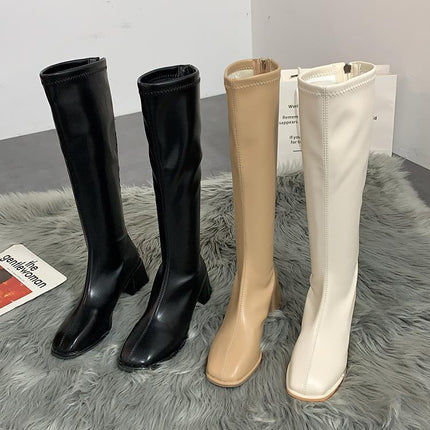 High-Top Knight Boots for Women with Plush Lining, 2025 Autumn and Winter New Style, Petite Knee-High Boots with Chunky Heels and Square Toe, Plus-Size Boots