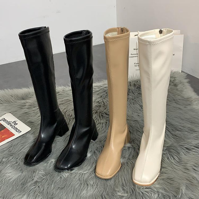 High-Top Knight Boots for Women with Plush Lining, 2025 Autumn and Winter New Style, Petite Knee-High Boots with Chunky Heels and Square Toe, Plus-Size Boots