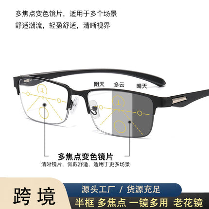 Metal Progressive Multifocal Reading Glasses for Both Distance and Near Vision, Anti-Blue Light, Smart Zoom, Business Reading Glasses with Tr Temples