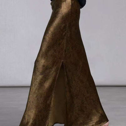 100% Gold-plated Satin Skirt Women's Tortoise Crack Rose Flower Dark Bottom Xiangyun Gauze Triacetate Hip Fishtail Skirt
