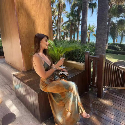 European and American Cross-border 2023 New Women's Elegant Sexy Long Dress V-neck Backless Rainbow Print Slip Dress