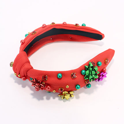 Cross-border 2024 Christmas New Style Beaded Nail Drill Knot Head Hoop Rhinestone Fabric Hair Hoop Wide Edge Hair Accessories