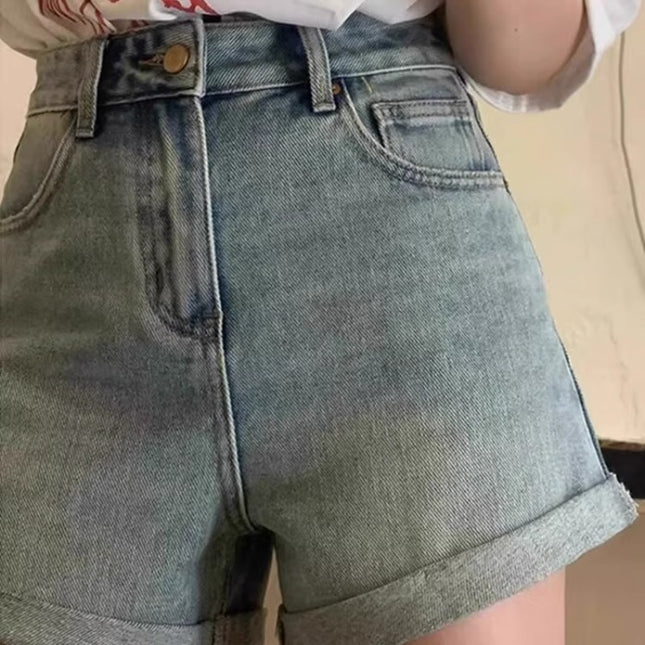 Nostalgic Blue Denim Shorts for Women, High-Waisted Summer Plus Size, Slimming Pear-Shaped Figure, A-Line Hot Pants