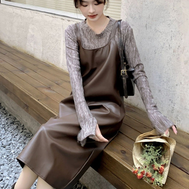 New in stock Tea dress suit Women's 2024 Spring and Autumn Leather Slip Skirt Knitted Two-piece Set