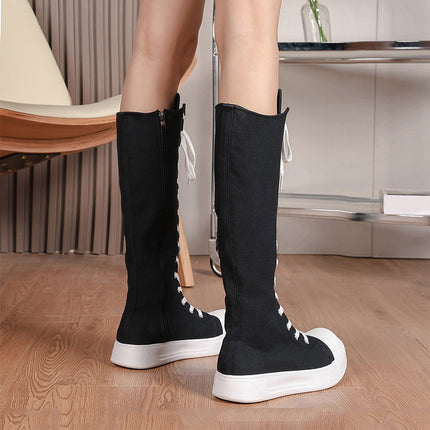 Cross-Border 2025 Spring New Large Size Women's Shoes High-Top Strap Side Zipper Canvas Shoes Simple Long Knee-High Boots