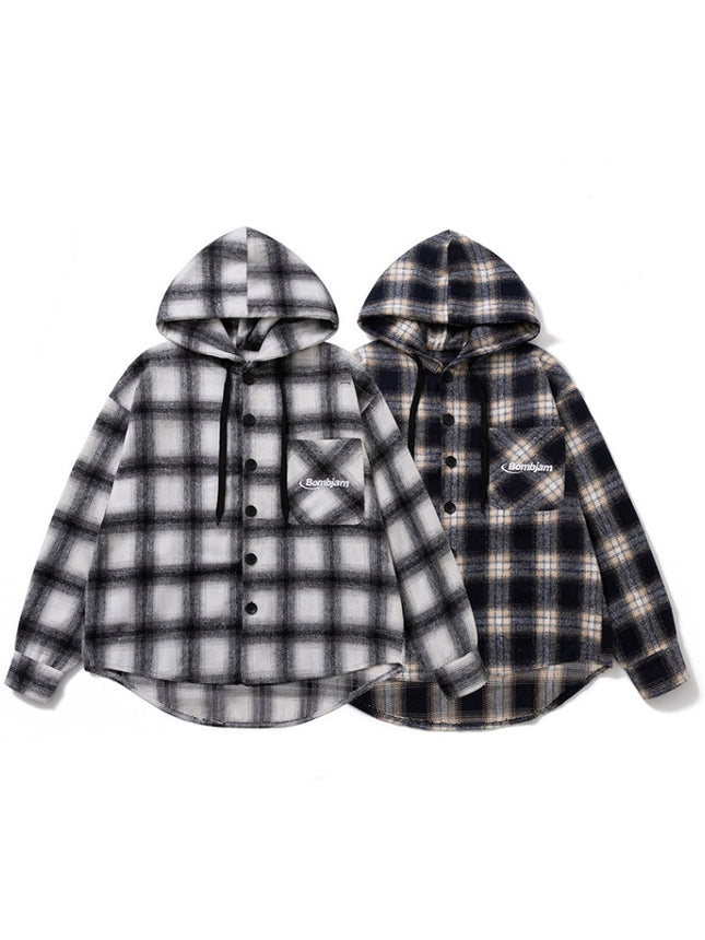 American Trendy Brand Hooded Plaid Shirt Men's Spring Retro Contrasting Color Couple Long-Sleeved Shirt Loose Large Size Cardigan Jacket