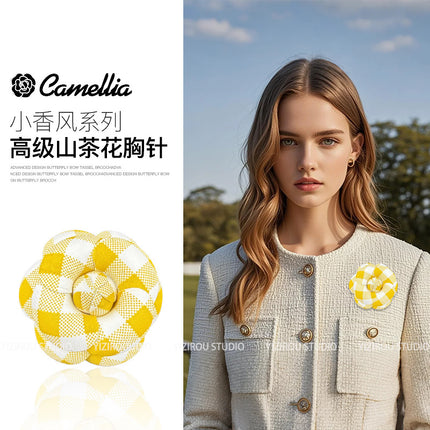 Camellia Brooch with High-Quality Plaid Fabric for Summer and Autumn, Versatile Pin Brooch for High-End Clothing and Bags