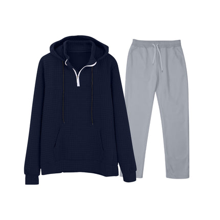 European and American Cross-Border Long-Sleeved Waffle Top Aliexpress Solid Color Drawstring Pocket Hoodie Sweatshirt and Sweatpants Set