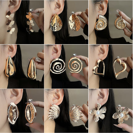European and American light luxury high-end metal style simple personality earrings women's retro flower pearl hollow love earrings