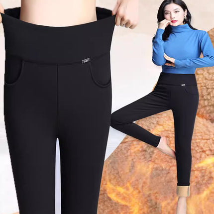 New fleece-lined 100.00kg Chubby M Fall/Winter Pants Women's High Waist Outerwear Mom's Elastic Warm Elastic Slim Casual Pants