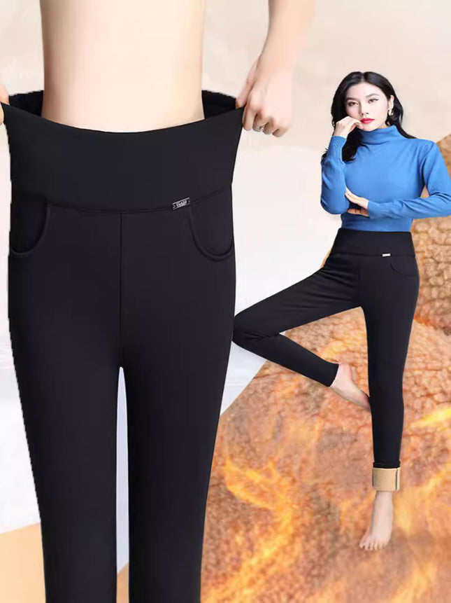 New fleece-lined 100.00kg Chubby M Fall/Winter Pants Women's High Waist Outerwear Mom's Elastic Warm Elastic Slim Casual Pants