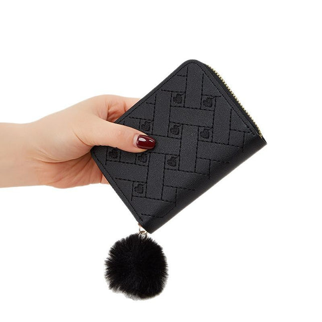 Daifa Korean Style Simple Clutch Bag 2024 Zipper Fur Ball Short Mini Solid Color Love Embroidered Throw Women's Wallet